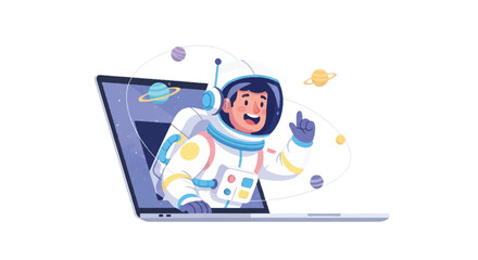 Cartoon astronaut emerging from a laptop screen with planets and stars, giving a thumbs up in a colorful, whimsical scene.