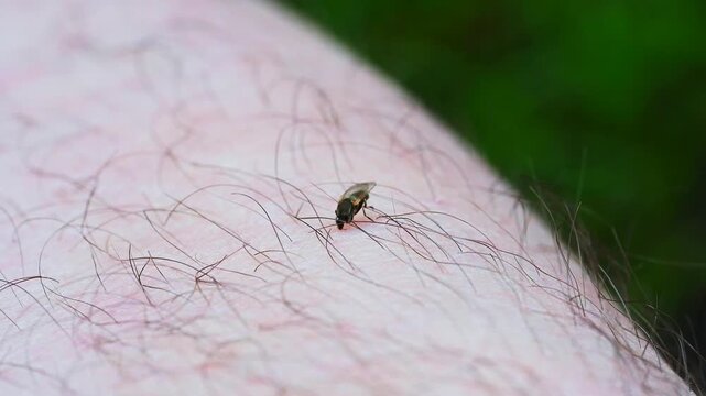 A fly is biting into skin, surrounded by hair