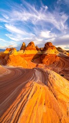 Golden Light Illuminates Swirling Sandstone Formations in the Desert.