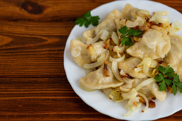 Rustic homemade dumplings with herbs and fried onion garnish