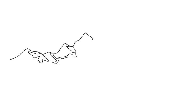 Animated self drawing of continuous line draw.  mountain range landscape. Web banner with mounts and high peak . Full length one line animation. 4K