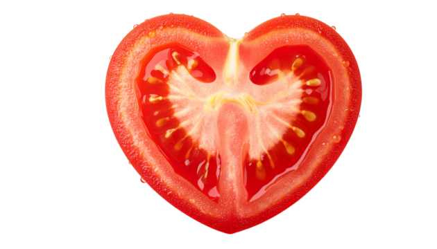 Fresh tomato heart slice with visible pulp and seeds isolated on transparent background PNG