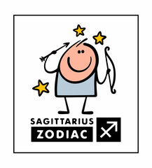 Zodiac sign Sagittarius. Vector illustration of a cartoon man holding a bow and arrow. A funny character, an athlete shoots among the stars in the sky. Astrology and astronomy of constellations.
