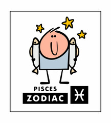 Zodiac sign Pisces. Vector illustration of a funny man holding two large fish. Cartoon doodle fisherman shows off his catch. Faith in astrology.