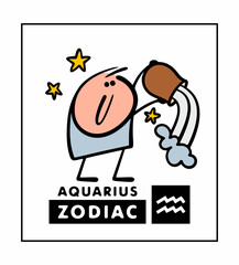 Zodiac sign Aquarius. Vector illustration of a funny stickman pouring water from a clay jug. Astrological forecast.