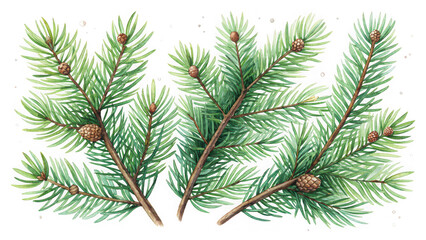 Close-up of realistic evergreen fir tree branches with pinecones natural forest detail
