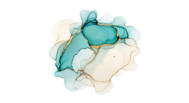 An ethereal blend of teal and beige alcohol ink with gold veins, a sophisticated abstract background for wellness blogs and branding.Transparent Background, Cutout