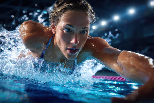 Swimmer performs a powerful freestyle stroke during a competitive swimming event at night