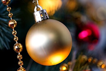 Shiny gold and red Christmas balls ornaments hanging on a festive winter tree branch with a vibrant red decoration background