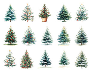 Obraz premium PNG Watercolor Christmas tree collection, element set on transparent background