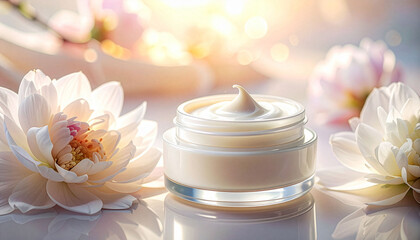 Natural skincare moisturizer jar with elegant floral background