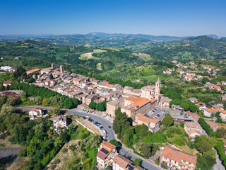 Italy, October 2025: Aerial view of the medieval village of Saludecio in the Province of Rimini in Emilia-Romagna.