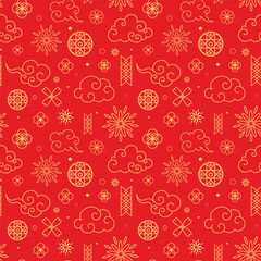 Chinese Lunar New Year Seamless Pattern in Line Style. Outline Hand Drawn Asian Oriental Pattern with Clouds, Flowers and Decorative Traditional Elements. Red Luxury Chinese Pattern with Gold Line