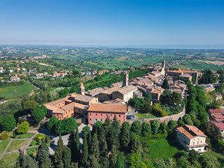 Italy, October 2025: Aerial view of the medieval village of Saludecio in the Province of Rimini in Emilia-Romagna.