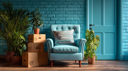 Neatly stacked cardboard moving boxes next to a comfortable blue armchair and a wooden door, set against a vibrant blue brick wall with lush potted plants.