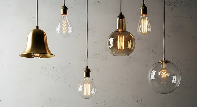 Collection of vintage edison style pendant light bulbs hanging against a textured wall - Powered by Adobe
