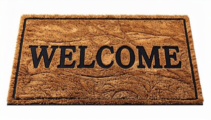 Welcome Mat on White Background - Brown Coir Doormat with Black Text, Home Entrance Decor, Hospitality and Greeting Concept