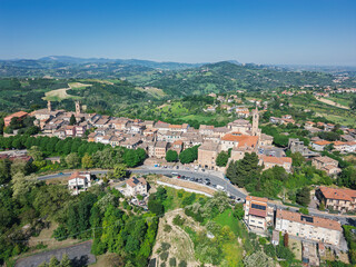 Italy, October 2025: Aerial view of the medieval village of Saludecio in the Province of Rimini in Emilia-Romagna.
