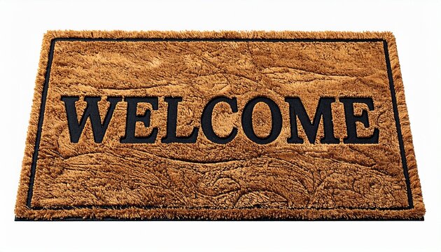 Welcome Mat on White Background - Brown Coir Doormat with Black Text, Home Entrance Decor, Hospitality and Greeting Concept
