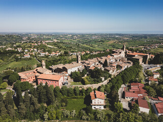Italy, October 2025: Aerial view of the medieval village of Saludecio in the Province of Rimini in Emilia-Romagna.