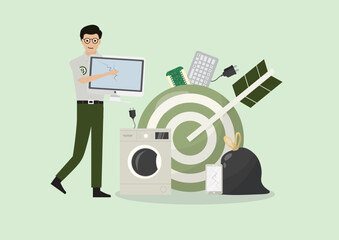 E-Waste Targeted Recycling Concept. Professional with broken electronics, washing machine, trash bag, and target, ideal for e-waste management and recycling campaigns. Flat style. Vector illustration