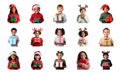 PNG Diverse children holding gifts, element set on transparent background