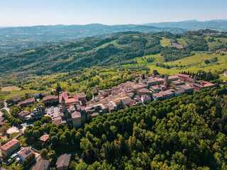 Italy, October 2025: Aerial view of the medieval village of Saludecio in the Province of Rimini in Emilia-Romagna.