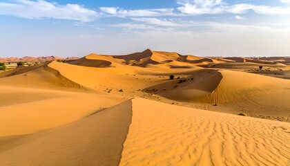 Expansive view of a desert landscape under a clear, bright blue sky. The vast sand dunes undulate across the terrain, with subtle shadows and hints of green vegetation