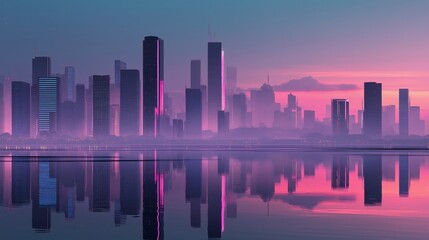 Fototapeta premium Futuristic cityscape reflected in water during a pink and blue sunset.