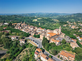 Italy, October 2025: Aerial view of the medieval village of Saludecio in the Province of Rimini in Emilia-Romagna.