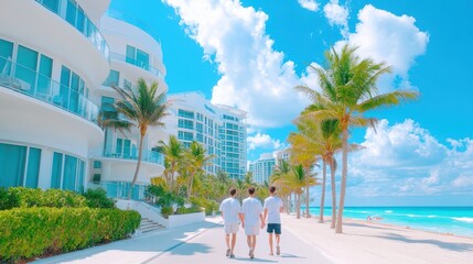 Obraz premium Coastal Promenade Stroll: Three figures in white attire, stroll in a coastal walkway, offering a glimpse into a leisurely lifestyle. Palm trees sway gently in the breeze. Lush hotels offer comfort.