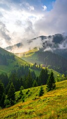 Sunlight breaks through clouds over lush green mountain hills.