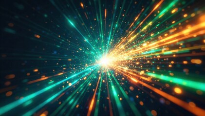 Naklejka premium Kinetic Energy Visualization A vivid abstract visualization of kinetic energy, depicted as energetic, swirling lines and glowing particles radiating from a central point against a deep space