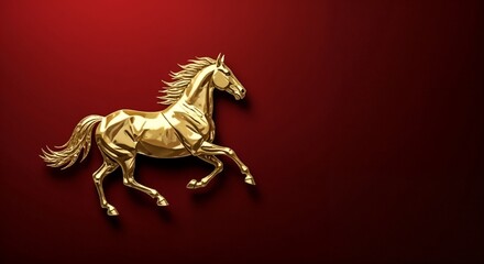 Gold horse sculpture on red background with shiny finish, detailed features and elegant posture of horse capturing dynamic movement.