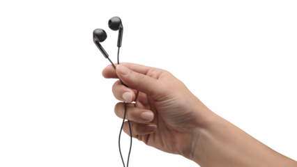 Hand holding black earphone . Isolated on transparent background, png