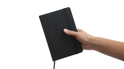 Hand holding black notebook for writing and note taking  . Isolated on transparent background, png