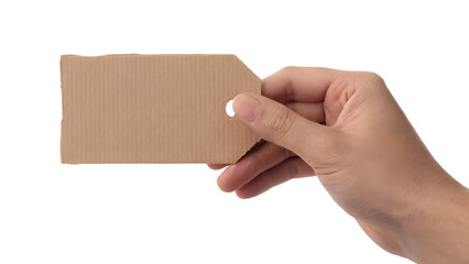 hand holding blank paper tag . Isolated on transparent background, png