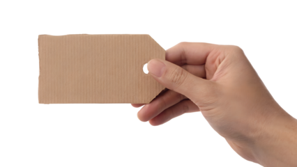 hand holding blank paper tag . Isolated on transparent background, png