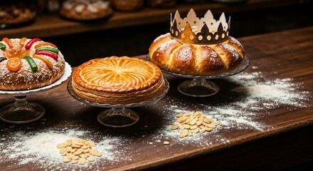 Pastry display with traditional cakes and sweet treats on dessert table. Pastry selection includes colorful fruit cake, round almond cake, and festive brioche adorned with crown.