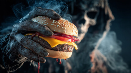 Close-up of scary rotten zombie hand holding classic cheeseburger, dripping blood-like sauce, dark smoky background, Halloween fast food and horror concept