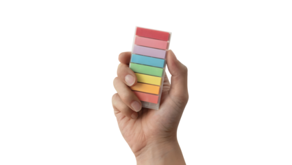 A hand holding a stack of colorful sticky notes . Isolated on transparent background, png