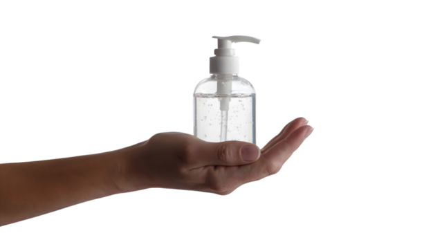 Hand sanitizing gel in a clear plastic dispenser . Isolated on transparent background, png