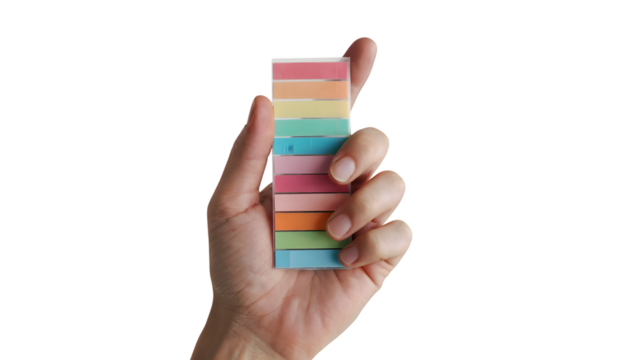 hand holding a stack of colourful sticky notes . Isolated on transparent background, png