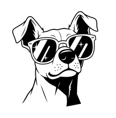 A cool, confident dog with perky ears sports a pair of sparkling, reflective sunglasses in this striking black and white graphic illustration.