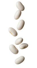 White navy beans or haricot PNG. Dried legumes in motion, perfect for cooking hearty soups and stews. Staple food ingredient for a healthy, high-fiber diet. Haricot beans top view flat lay isolated