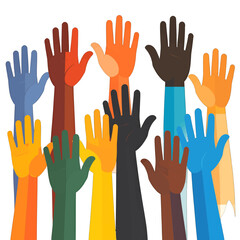 Obraz premium Diverse Raised Hands in Blue Orange and Brown Colors on White Background Signifying Unity and Participation Illustration