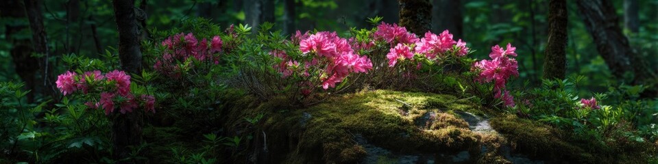 Fototapeta premium A cluster of vibrant pink azaleas blooming atop a moss-covered rock in a dark forest with light rays