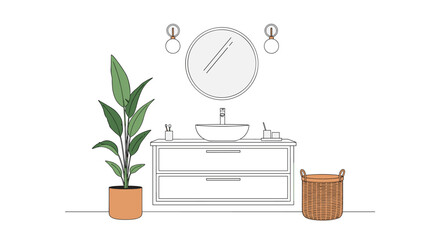 A minimalist and clean bathroom interior design featuring a modern vanity with a vessel sink, round mirror, lush green plant, and woven laundry basket.