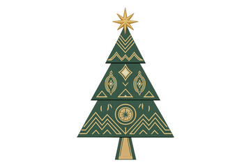 Christmas tree featuring abstract art deco patterns, a golden star, and green and gold colors, perfect for holiday concepts