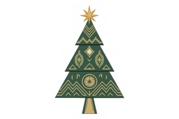 Christmas tree featuring abstract art deco patterns, a golden star, and green and gold colors, perfect for holiday concepts